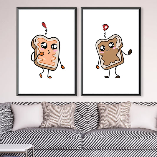 Kawaii Sandwich Couple - Fun and Whimsical Oil Painting for Kitchen Decor