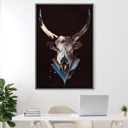 Geometric Bull Head Oil Painting on Dark Canvas - Modern Wall Art Décor