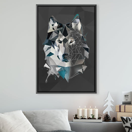 Geometric Gray Wolf Oil Painting on Dark Canvas for Modern Home Decor