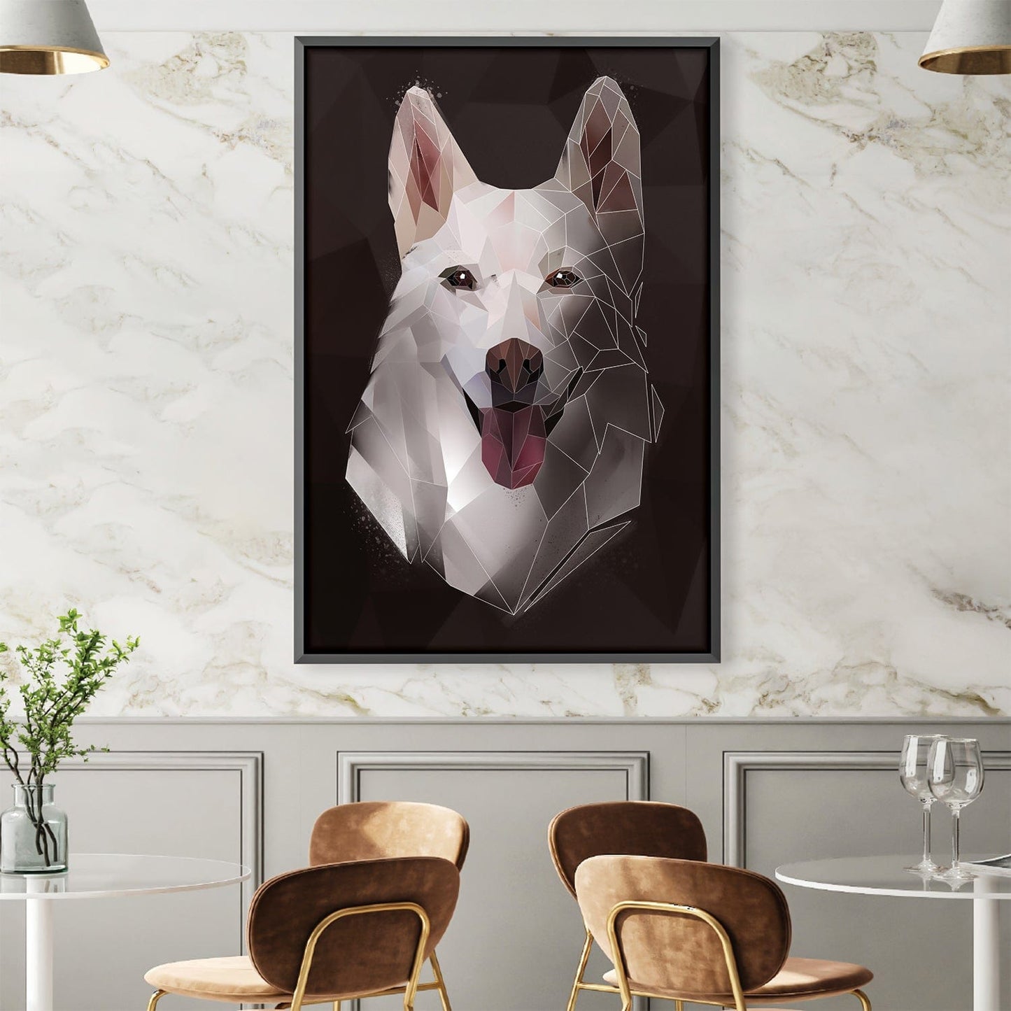 Stylish Low Poly Husky Artwork on Dark Canvas for Modern Decor