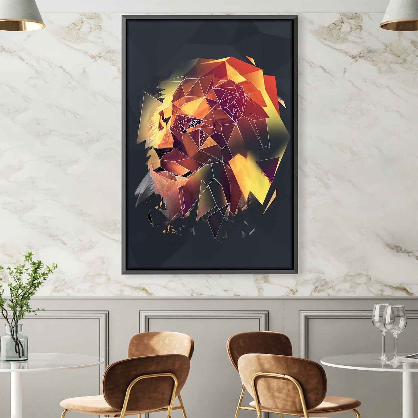 Abstract Low Poly Lion Artwork on Dark Canvas for Modern Decor