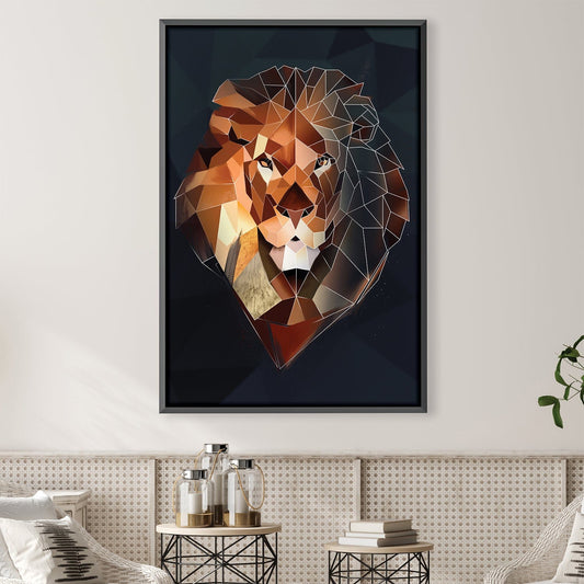 Geometric Lion Portrait on Dark Canvas – Modern Abstract Oil Painting for Home Decor