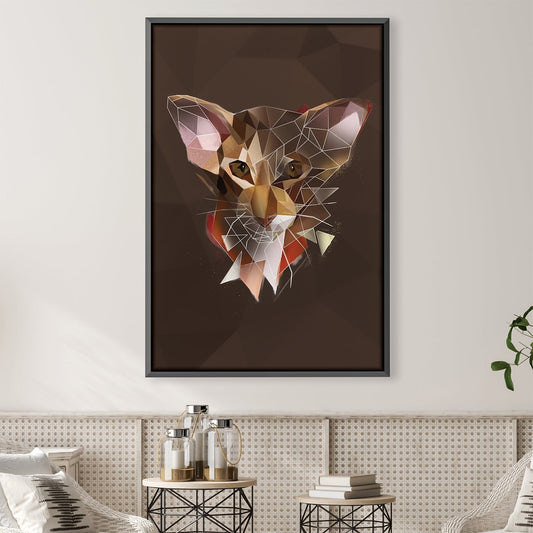 Abstract Low Poly Oriental Cat Art on Dark Canvas for Modern Decor