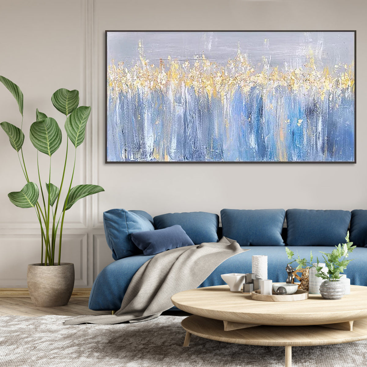 Radiant Blue and Gold Abstract Oil Painting for Modern Home Decor