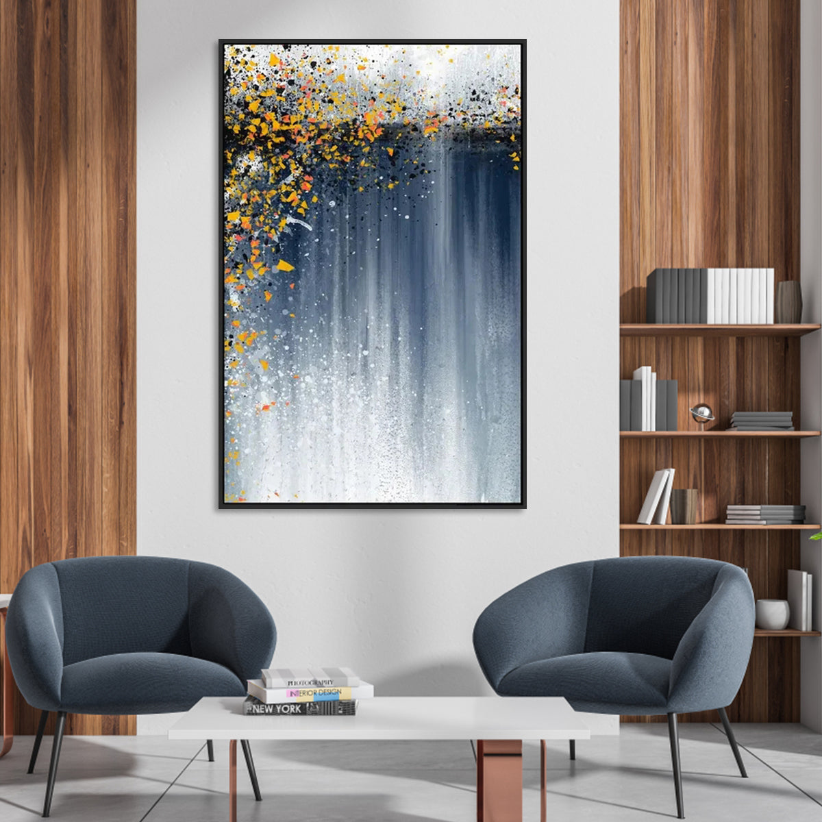 Vibrant Abstract Oil Painting with Gold and Blue Tones for Modern Home Decor