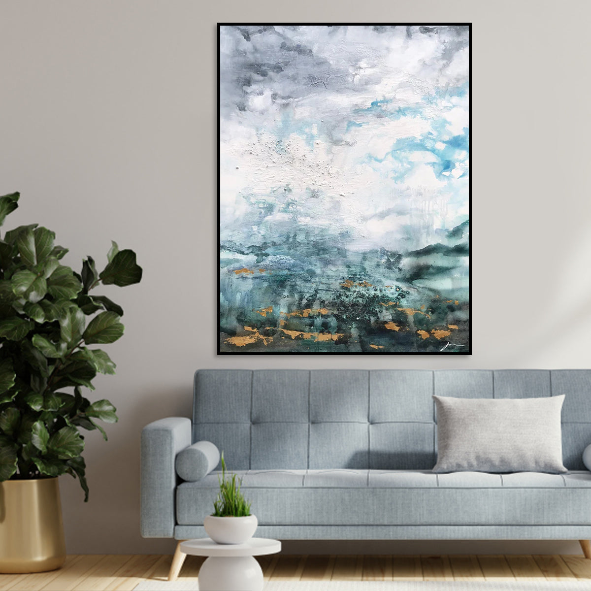 Serene Coastal Horizon: Abstract Oil Painting for Modern Living Spaces