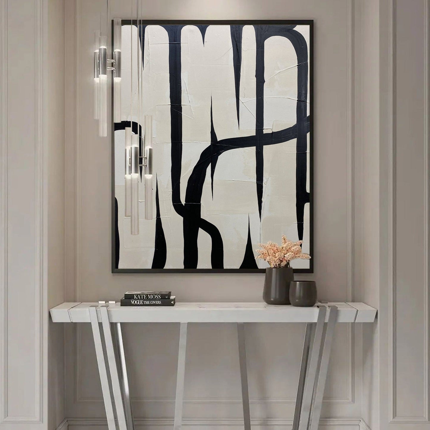 Monochrome Abstract Oil Painting with Bold Black and White Brushstrokes for Modern D√©cor