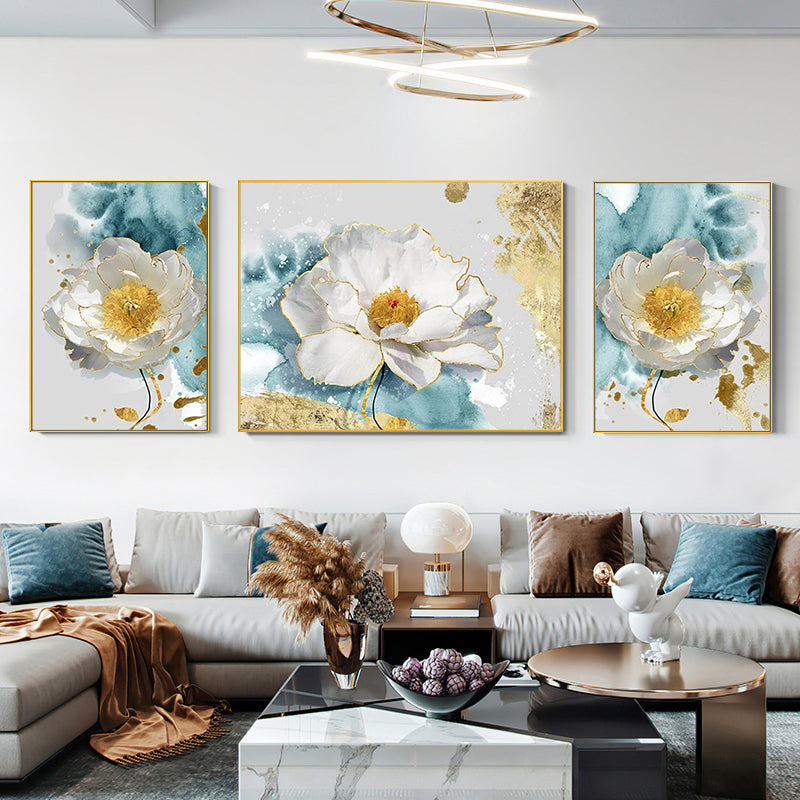 White Flower Gold Accent Peaceful Abstract Oil Painting