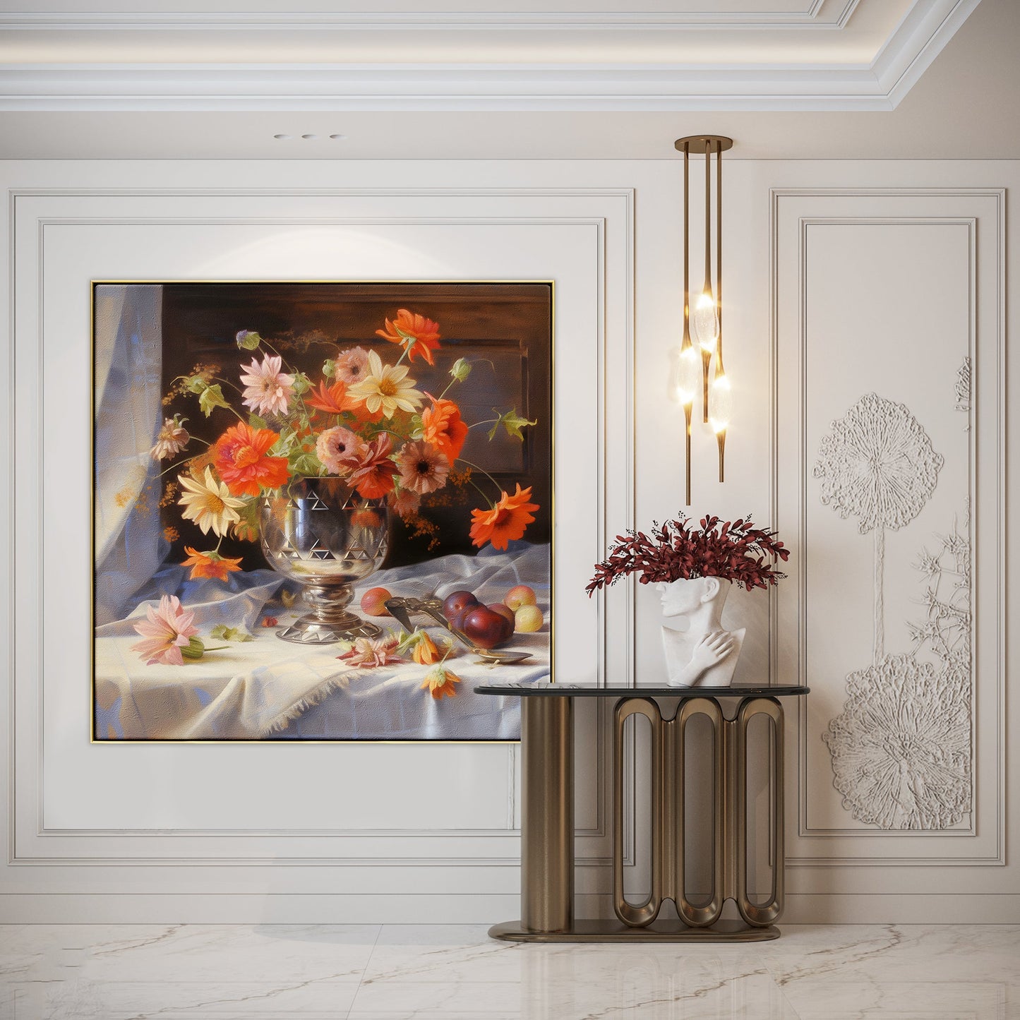 Vibrant Floral Still Life in Silver Vase | Elegant Oil Painting Decor