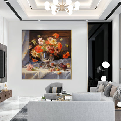 Vibrant Floral Still Life in Silver Vase | Elegant Oil Painting Decor