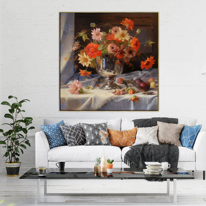 Vibrant Floral Still Life in Silver Vase | Elegant Oil Painting Decor