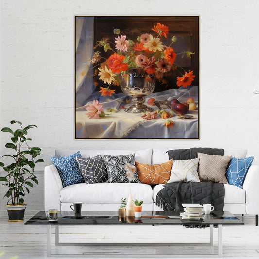Vibrant Floral Still Life in Silver Vase | Elegant Oil Painting Decor
