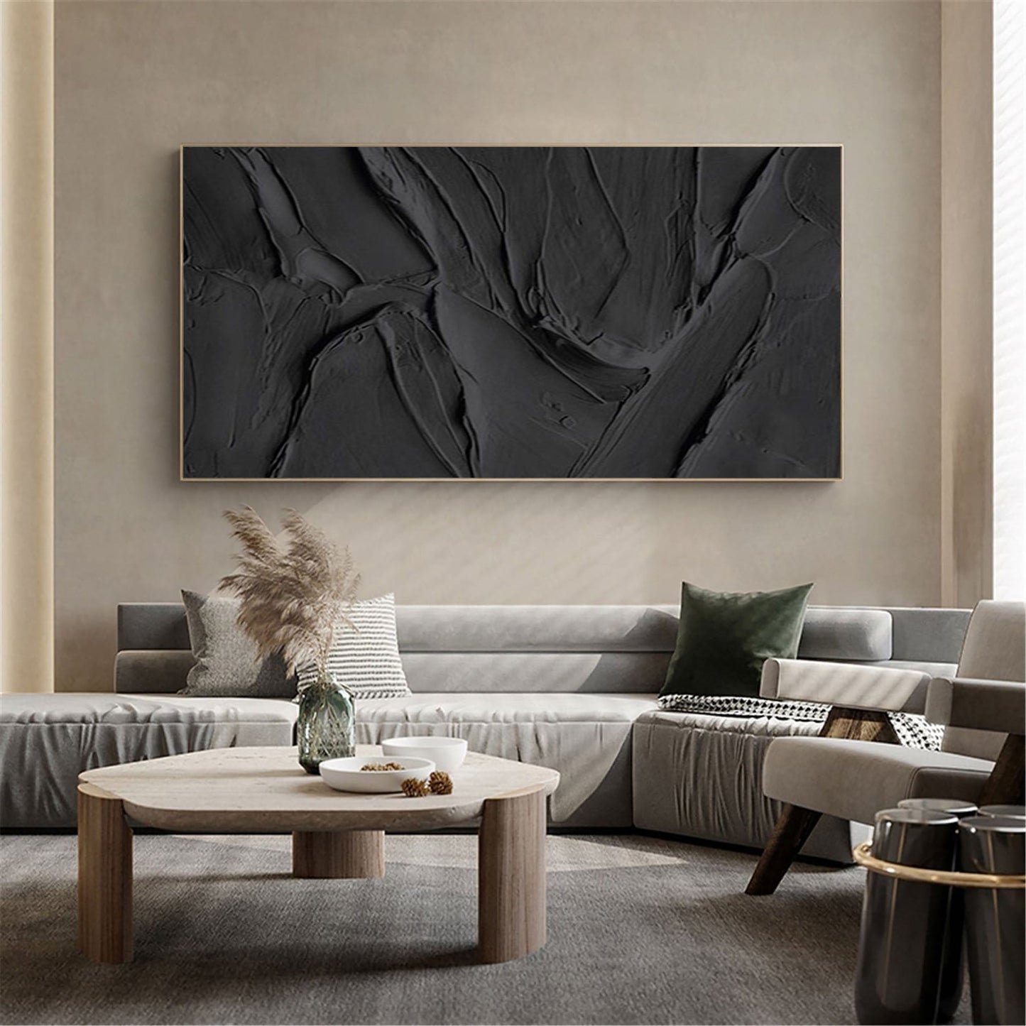 Textured Black and White Abstract Oil Painting for Modern Home Decor