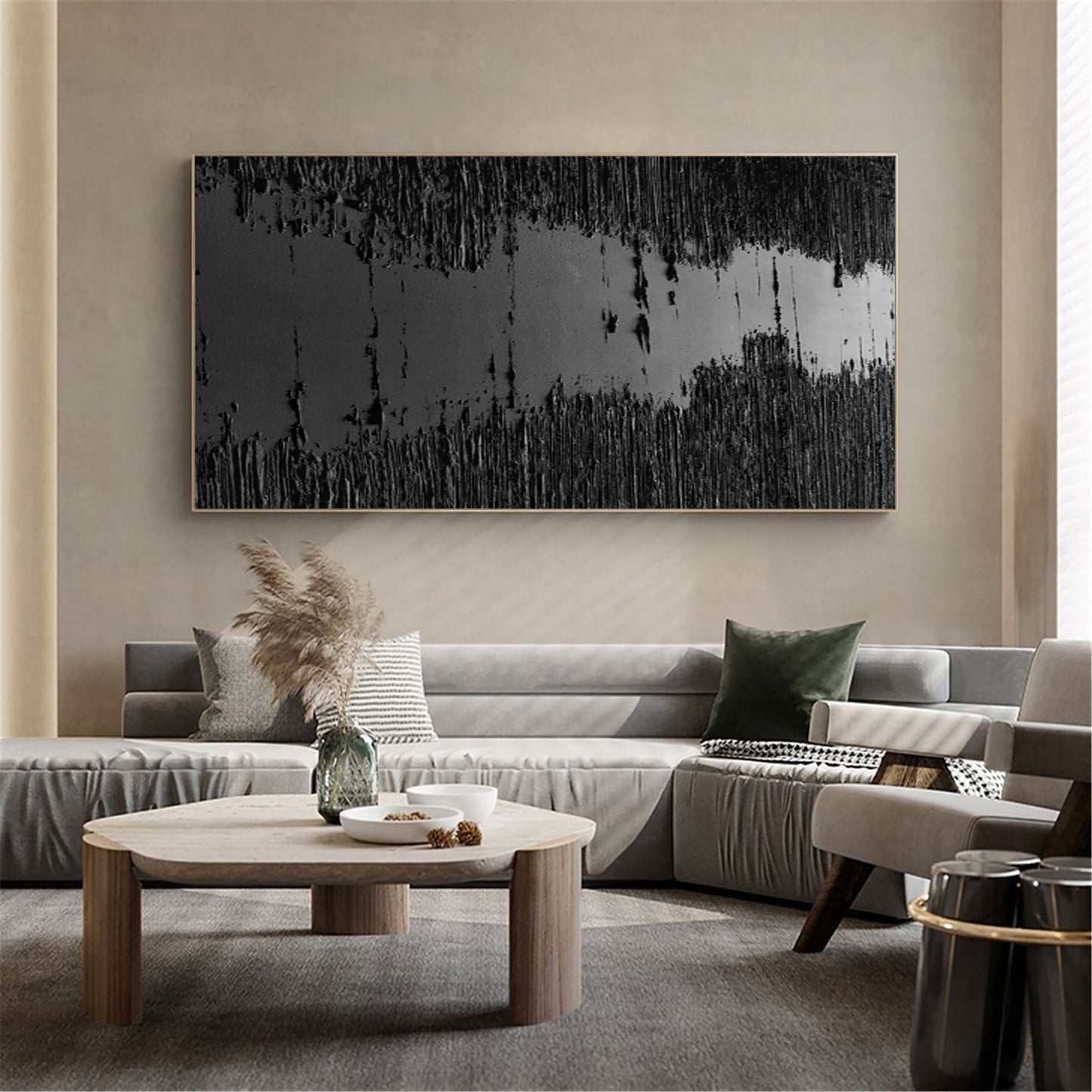 Large Black Textured Oil Painting - Modern Minimalist Canvas Artwork for Contemporary Spaces