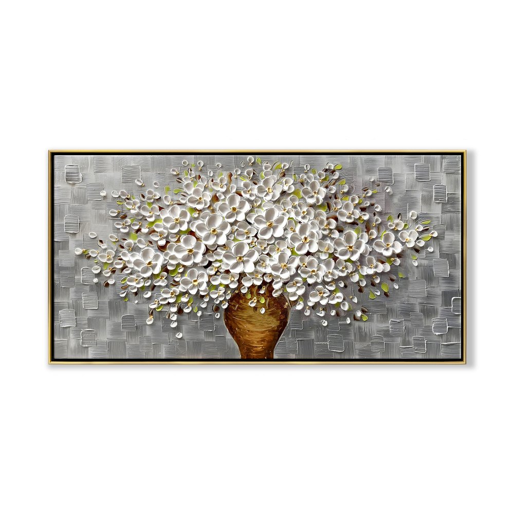 Elegant Floral Canvas: Charming White Blooming Bouquet in Textured Vase Decor