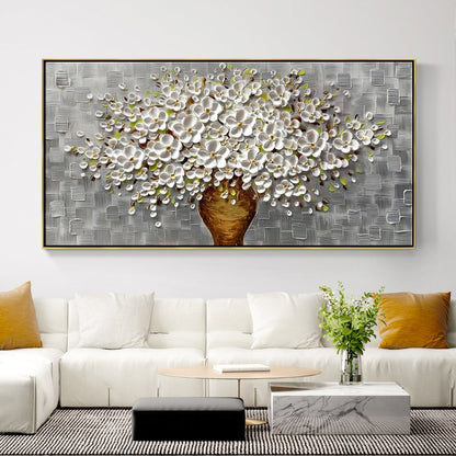 Elegant Floral Canvas: Charming White Blooming Bouquet in Textured Vase Decor