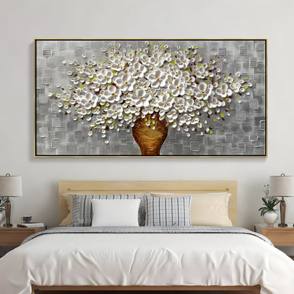 Elegant Floral Canvas: Charming White Blooming Bouquet in Textured Vase Decor