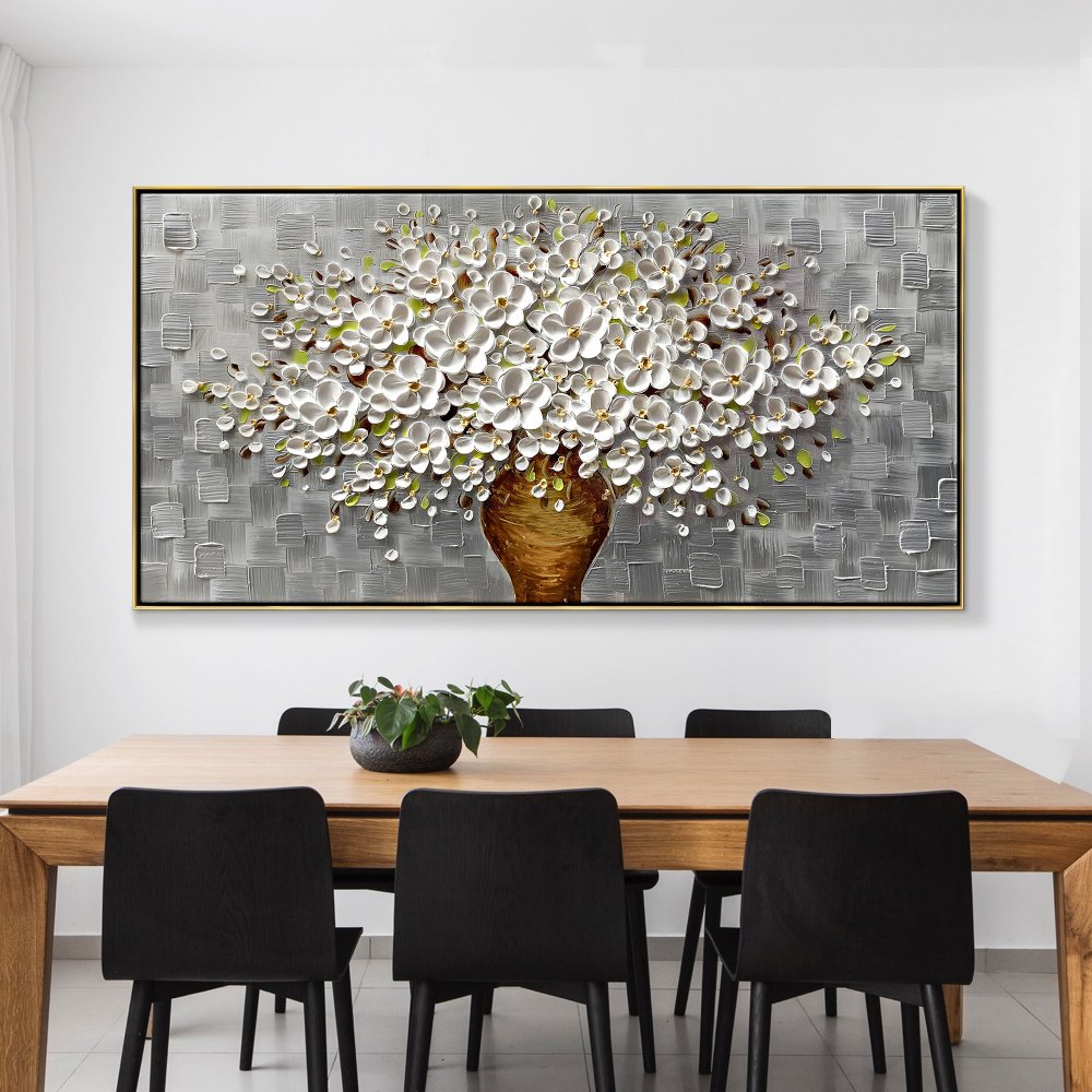 Elegant Floral Canvas: Charming White Blooming Bouquet in Textured Vase Decor