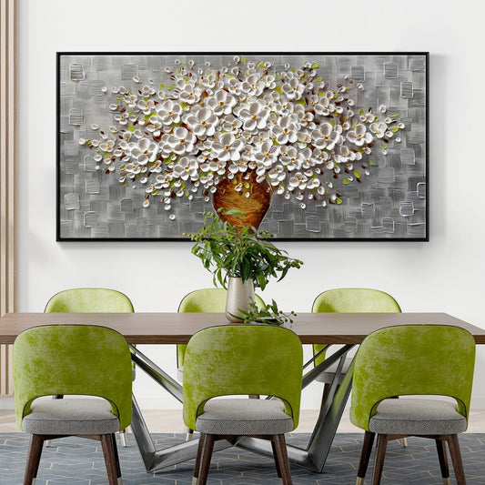 Elegant Floral Canvas: Charming White Blooming Bouquet in Textured Vase Decor