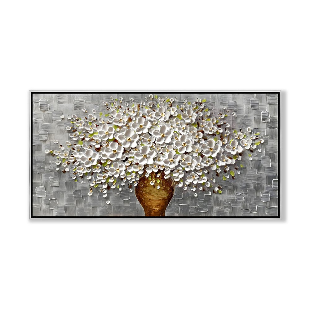 Elegant Floral Canvas: Charming White Blooming Bouquet in Textured Vase Decor