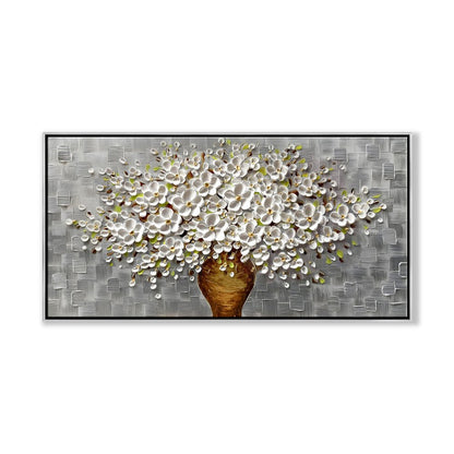 Elegant Floral Canvas: Charming White Blooming Bouquet in Textured Vase Decor