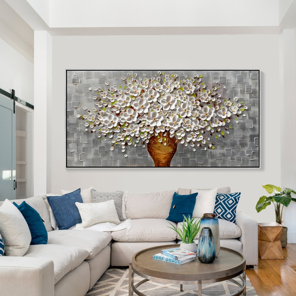 Elegant Floral Canvas: Charming White Blooming Bouquet in Textured Vase Decor