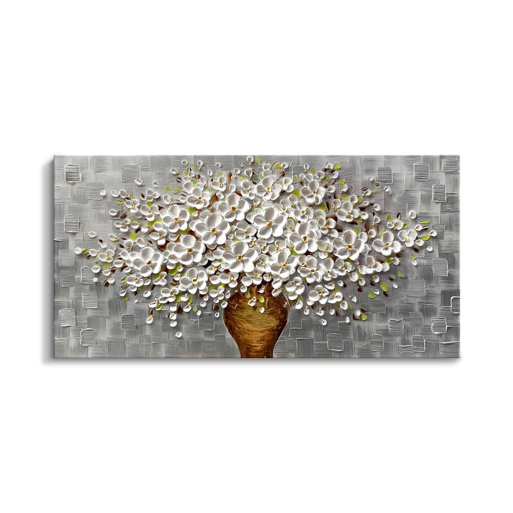 Elegant Floral Canvas: Charming White Blooming Bouquet in Textured Vase Decor