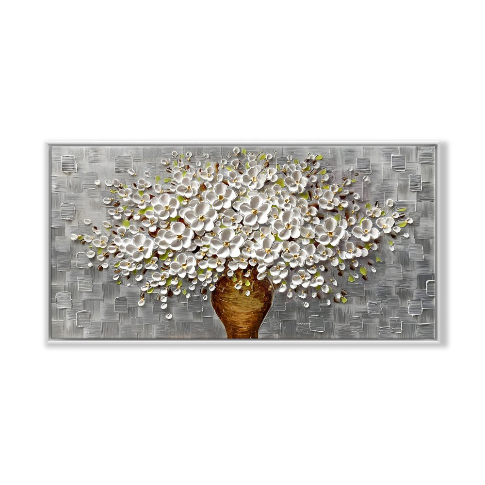 Elegant Floral Canvas: Charming White Blooming Bouquet in Textured Vase Decor