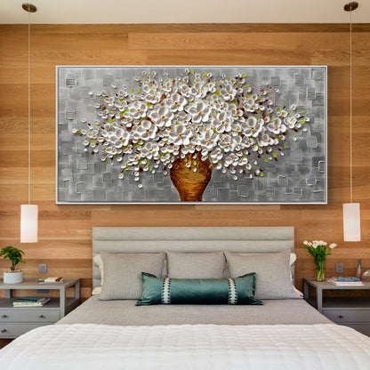 Elegant Floral Canvas: Charming White Blooming Bouquet in Textured Vase Decor