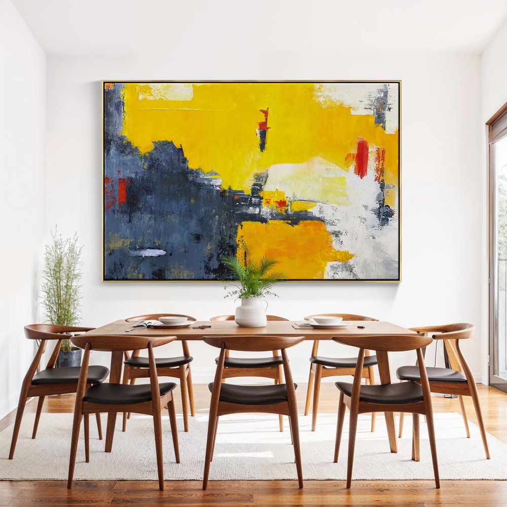 Abstract Yellow and Blue Oil Painting - Contemporary Wall Art for Modern Decor