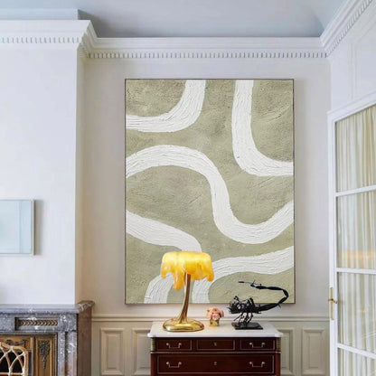Modern Minimalist Line Art Painting with Abstract White Curves on Earthy Background