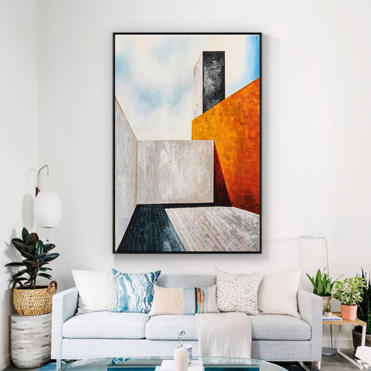 Modern Abstract Oil Painting of Geometric Shapes and Vibrant Colors