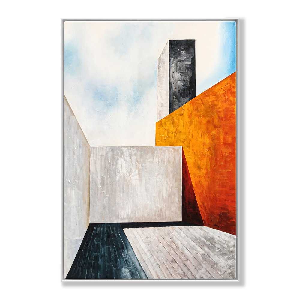 Modern Abstract Oil Painting of Geometric Shapes and Vibrant Colors