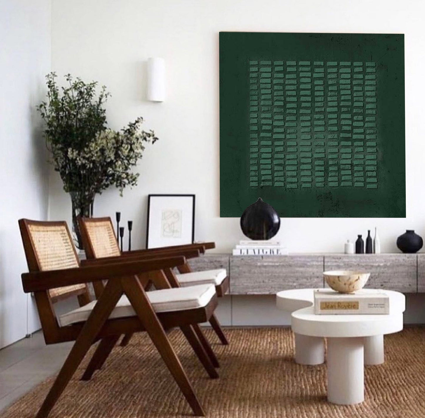 Abstract Green Grid Oil Painting for Modern Wabi-Sabi Home Decor