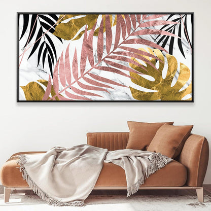 Tropical Elegance: Gold and Pink Leaf Oil Painting for Modern Home Decor