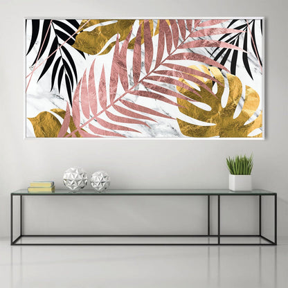 Tropical Elegance: Gold and Pink Leaf Oil Painting for Modern Home Decor