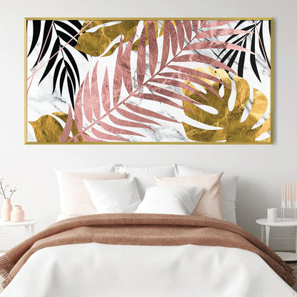 Tropical Elegance: Gold and Pink Leaf Oil Painting for Modern Home Decor