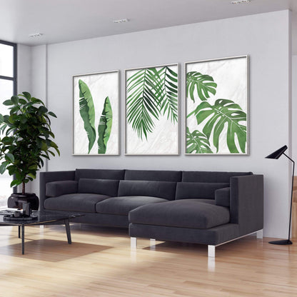 Tropical Leaf Triptych Oil Painting for Modern Home Decor