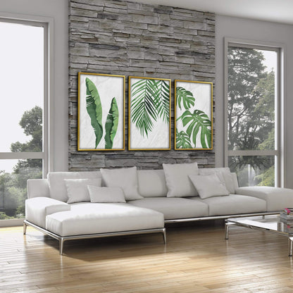 Tropical Leaf Triptych Oil Painting for Modern Home Decor