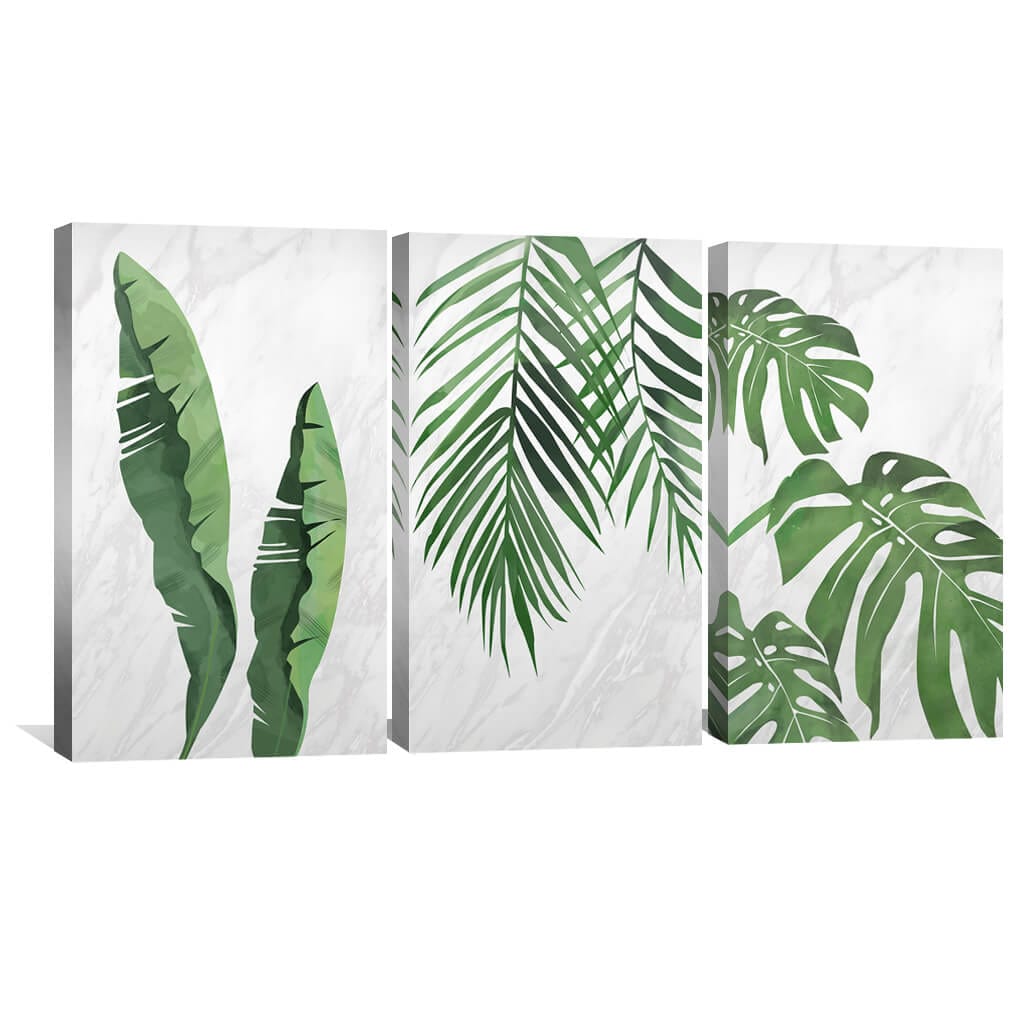 Tropical Leaf Triptych Oil Painting for Modern Home Decor