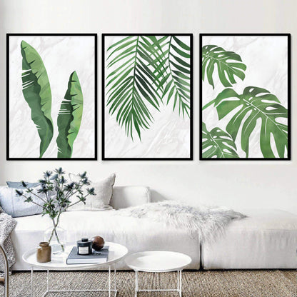 Tropical Leaf Triptych Oil Painting for Modern Home Decor