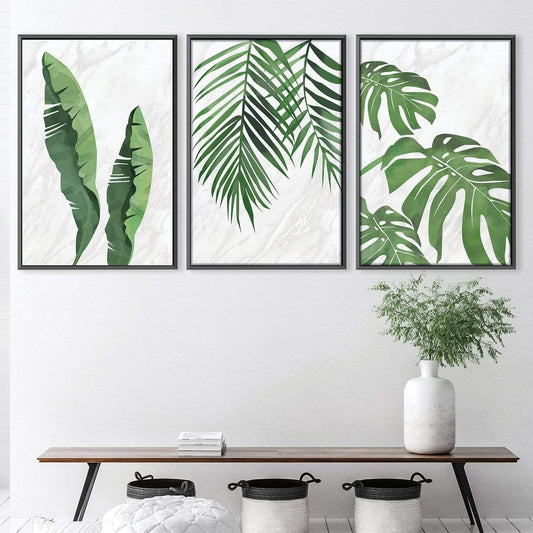 Tropical Leaf Triptych Oil Painting for Modern Home Decor