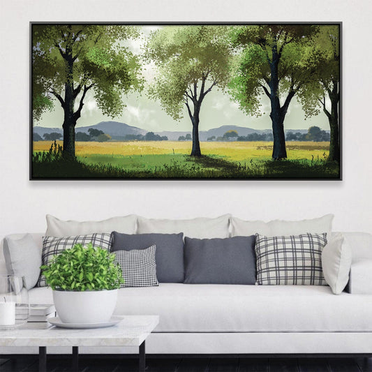 Tranquil Meadow Landscape Oil Painting with Lush Green Trees and Open Fields