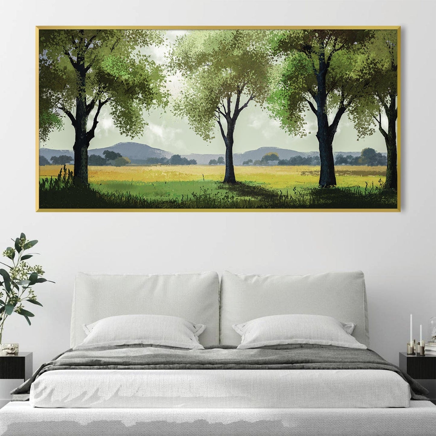 Tranquil Meadow Landscape Oil Painting with Lush Green Trees and Open Fields