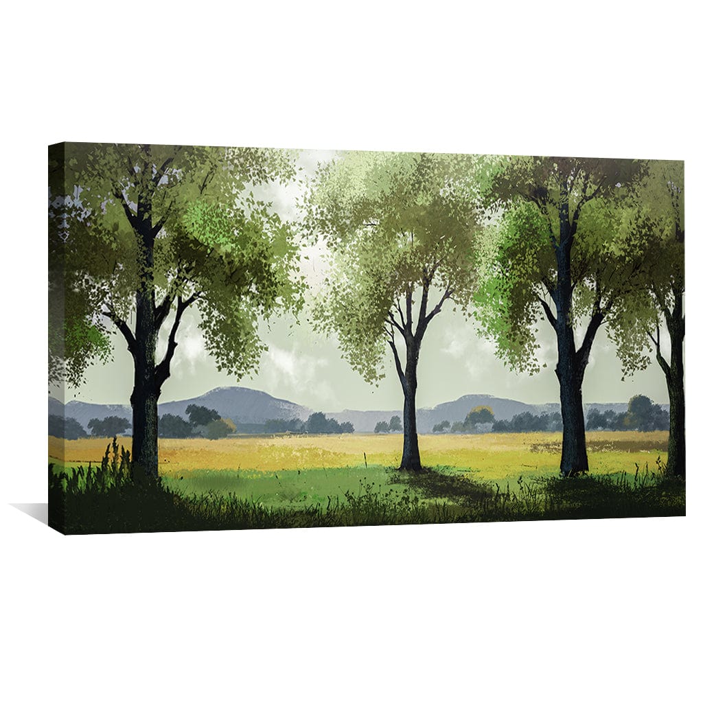 Tranquil Meadow Landscape Oil Painting with Lush Green Trees and Open Fields