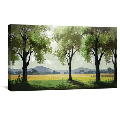 Tranquil Meadow Landscape Oil Painting with Lush Green Trees and Open Fields