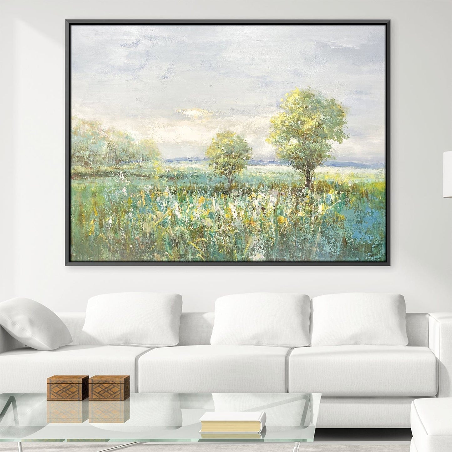 Serene Meadow Landscape Oil Painting with Lush Greenery and Peaceful Atmosphere