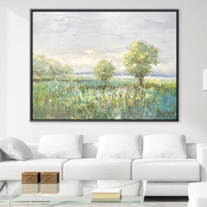 Serene Meadow Landscape Oil Painting with Lush Greenery and Peaceful Atmosphere