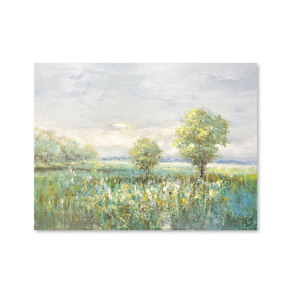 Serene Meadow Landscape Oil Painting with Lush Greenery and Peaceful Atmosphere
