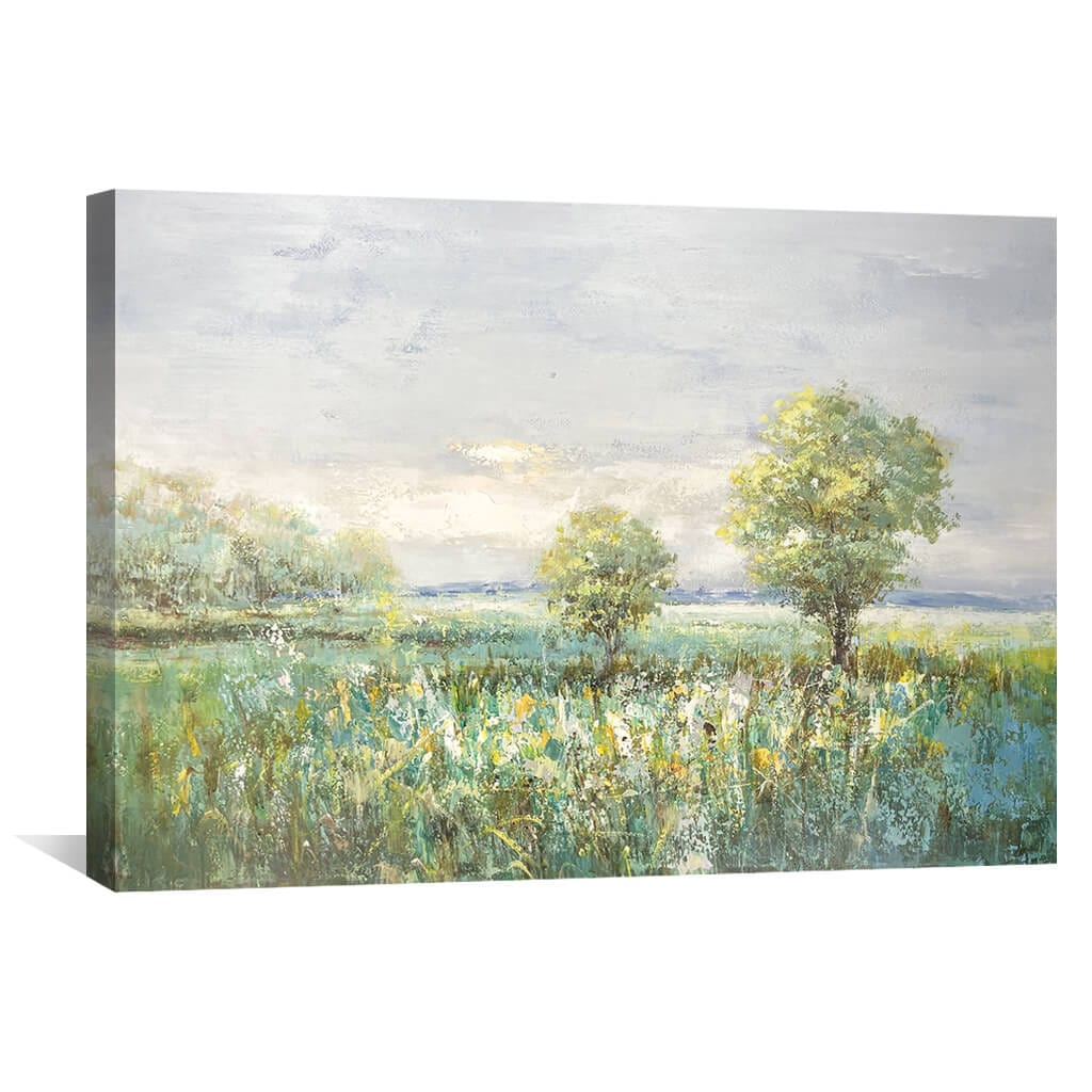 Serene Meadow Landscape Oil Painting with Lush Greenery and Peaceful Atmosphere
